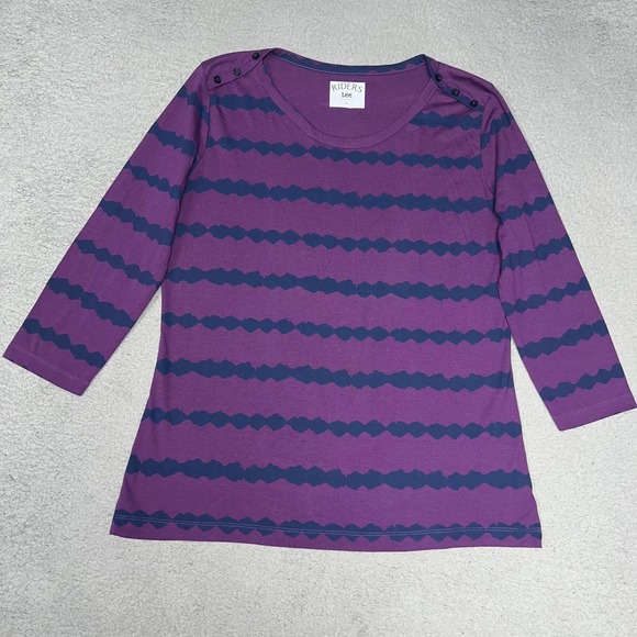 Lee Tops - Riders by Lee Shirt Women's Size L Purple Blue Scalloped‎ Striped 3/4 Sleeve Top